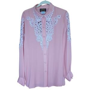 Bob Mackie Wearable Art Pink Silk Blouse Women's Large Embroidered Laser Cut